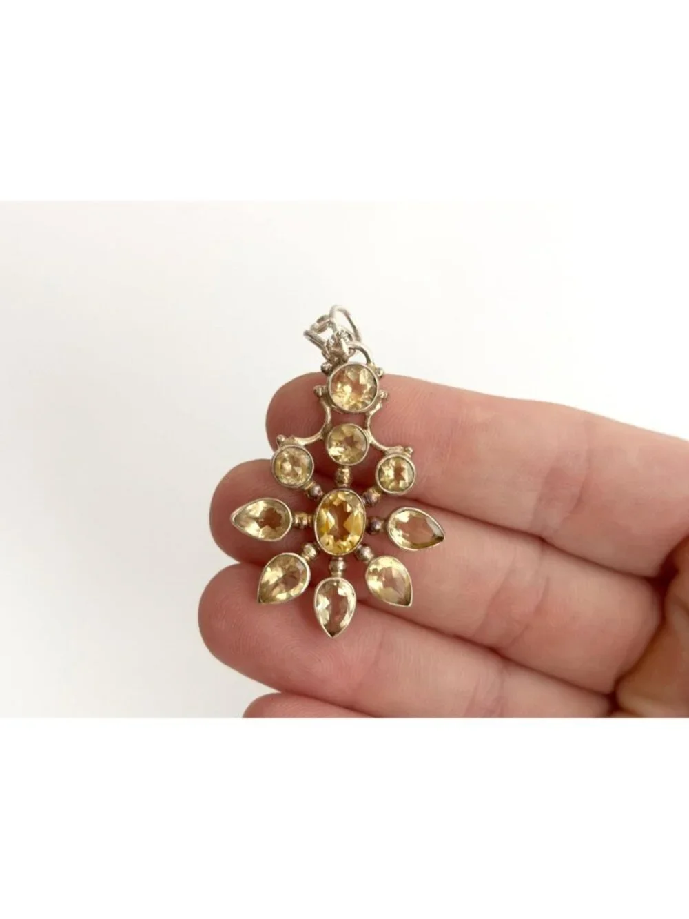 Snowflake Shaped Citrine Sterling Silver 925 Vintage Pendant Necklace - 18
